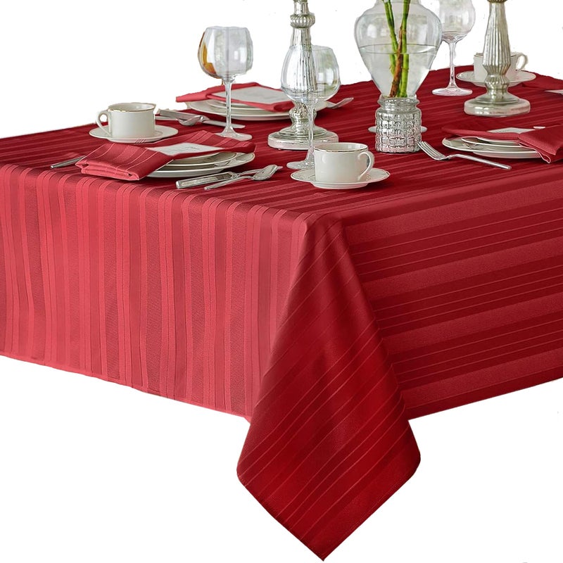 Newbridge Red Satin Stripe Fabric Tablecloth, 60 x 144 Inch Rectangle, Elegant Woven Stripe, Wrinkle Resistant Reusable Polyester Table Cover - Image 1
